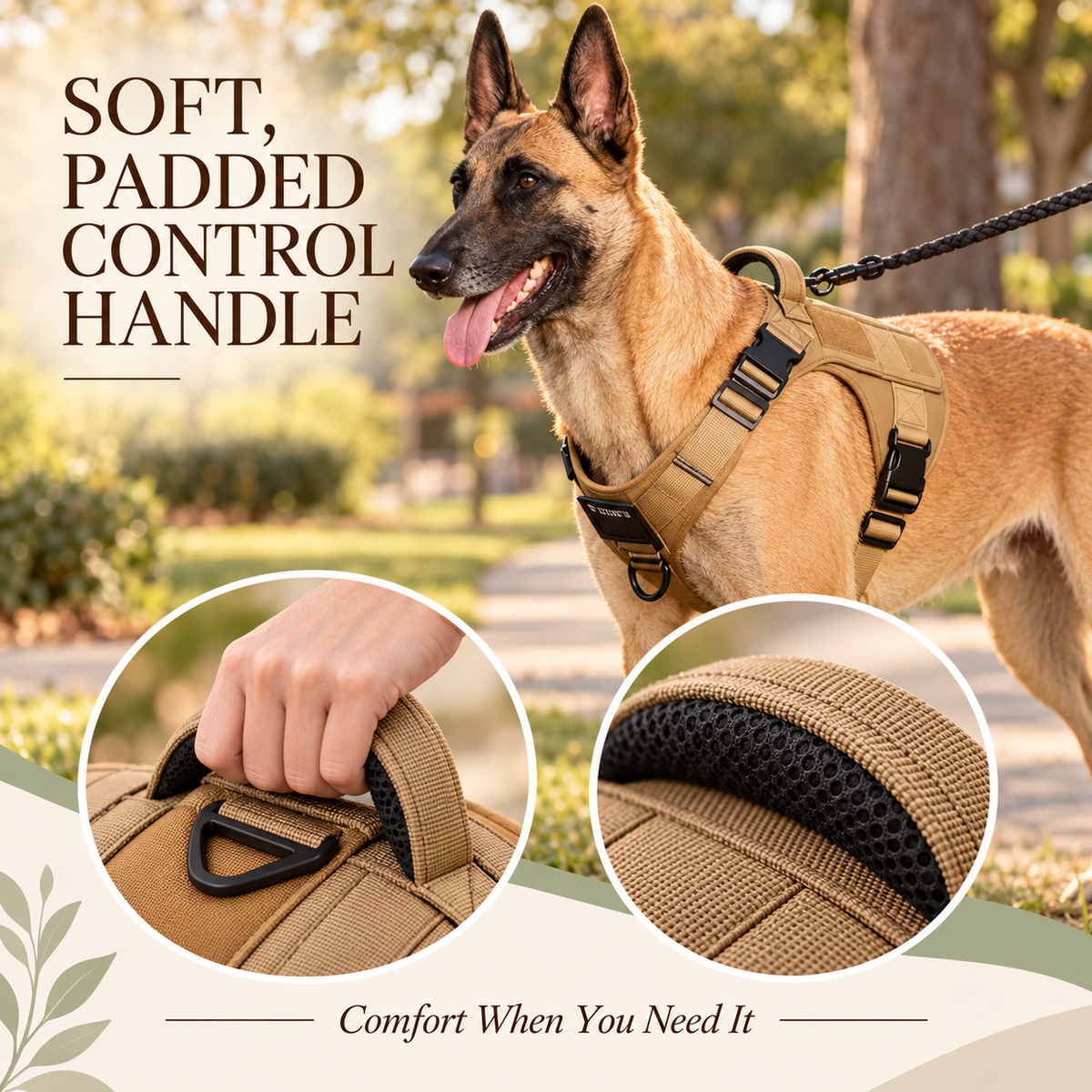 A tan dog harness worn by a Belgian Malinois dog in an outdoor park setting, with text reading 'SOFT, PADDED CONTROL HANDLE' and two circular inset detail shots showing the padded handle and mesh/strap construction.