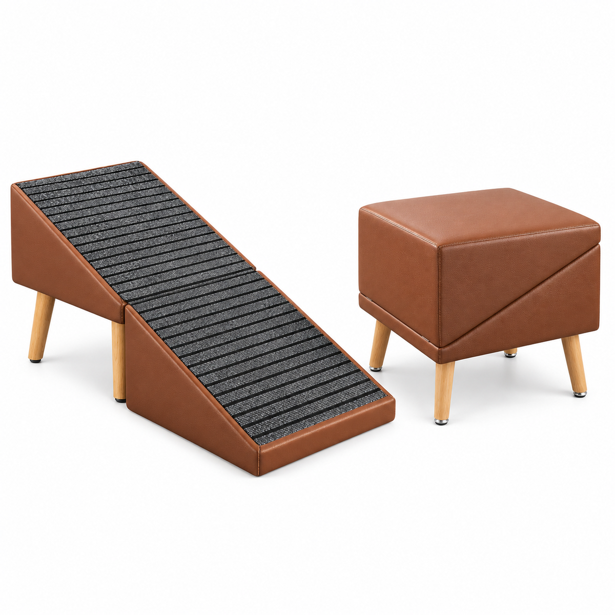 A brown pet ramp with a black ribbed non-slip surface and light wood legs, shown next to a matching brown square ottoman with the same light wood legs on a white background.