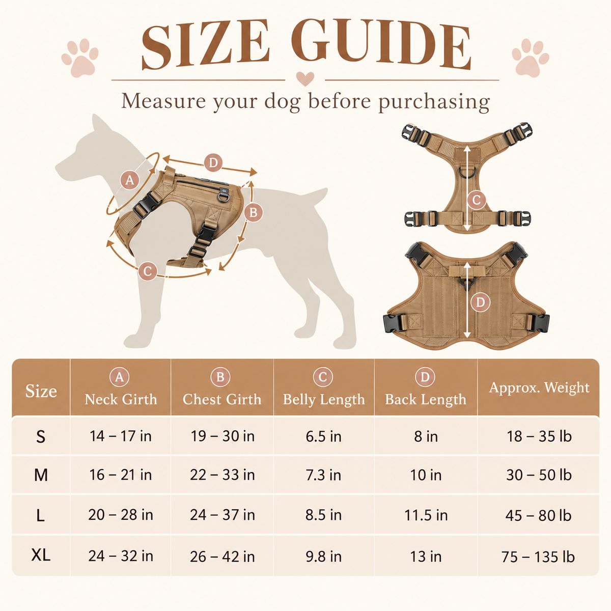 A dog harness size guide infographic showing a tan harness worn by a dog silhouette with measurement lines labeled A, B, C, and D, plus front and back views of the harness. Below is a size table with neck girth, chest girth, belly length, back length, and approximate weight for S through XL sizes.