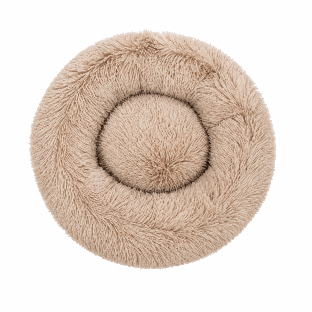 A round, plush faux-fur pet bed in a light beige color, photographed from directly above on a solid white background.