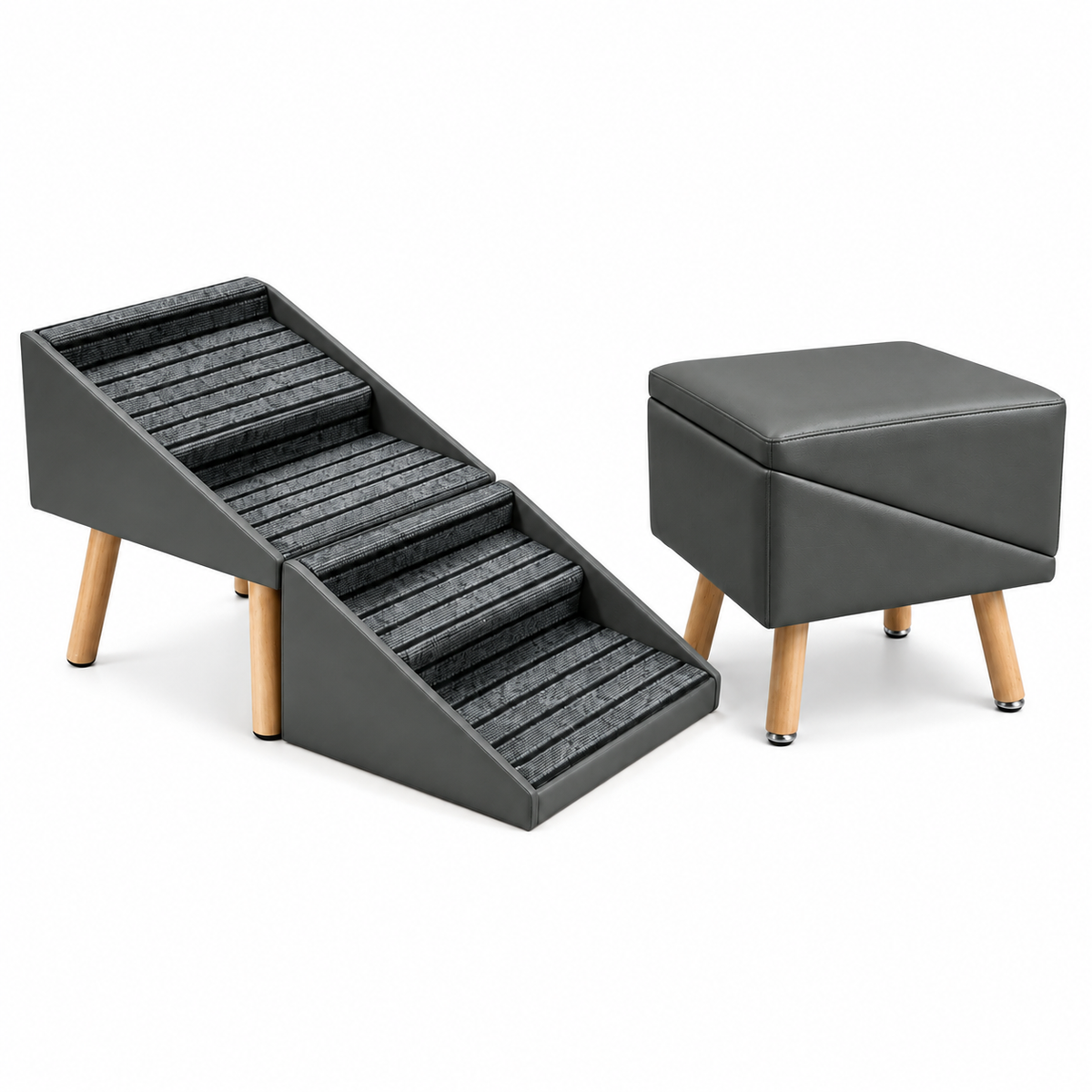 A modern two-piece furniture set featuring a dark gray upholstered step stool with angled wooden legs and a matching square ottoman, shown on a clean white background.