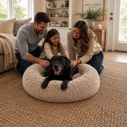 A family of three kneels around a black dog lying inside a large, round, plush cream-colored dog bed on a woven jute rug in a bright, modern living room.