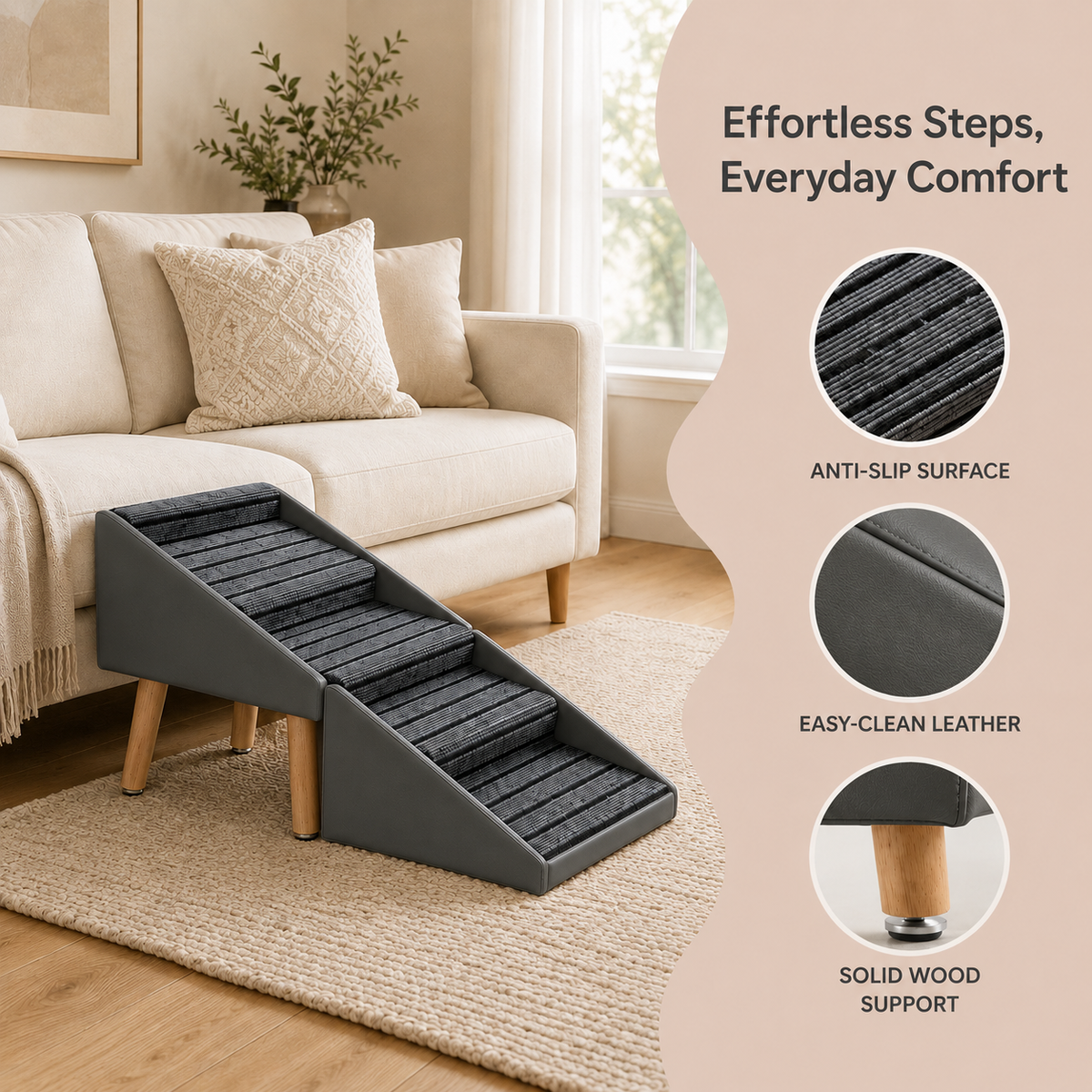 A pet ramp with dark gray textured steps and light wood legs, shown in a living room setting next to a beige sofa. The image includes feature callouts on the right side reading 'Effortless Steps, Everyday Comfort' with close-up texture and material details.