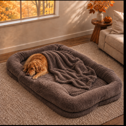 A golden retriever dog rests inside a plush, oversized brown pet bed with a matching throw blanket, set on a beige carpet in a cozy living room.
