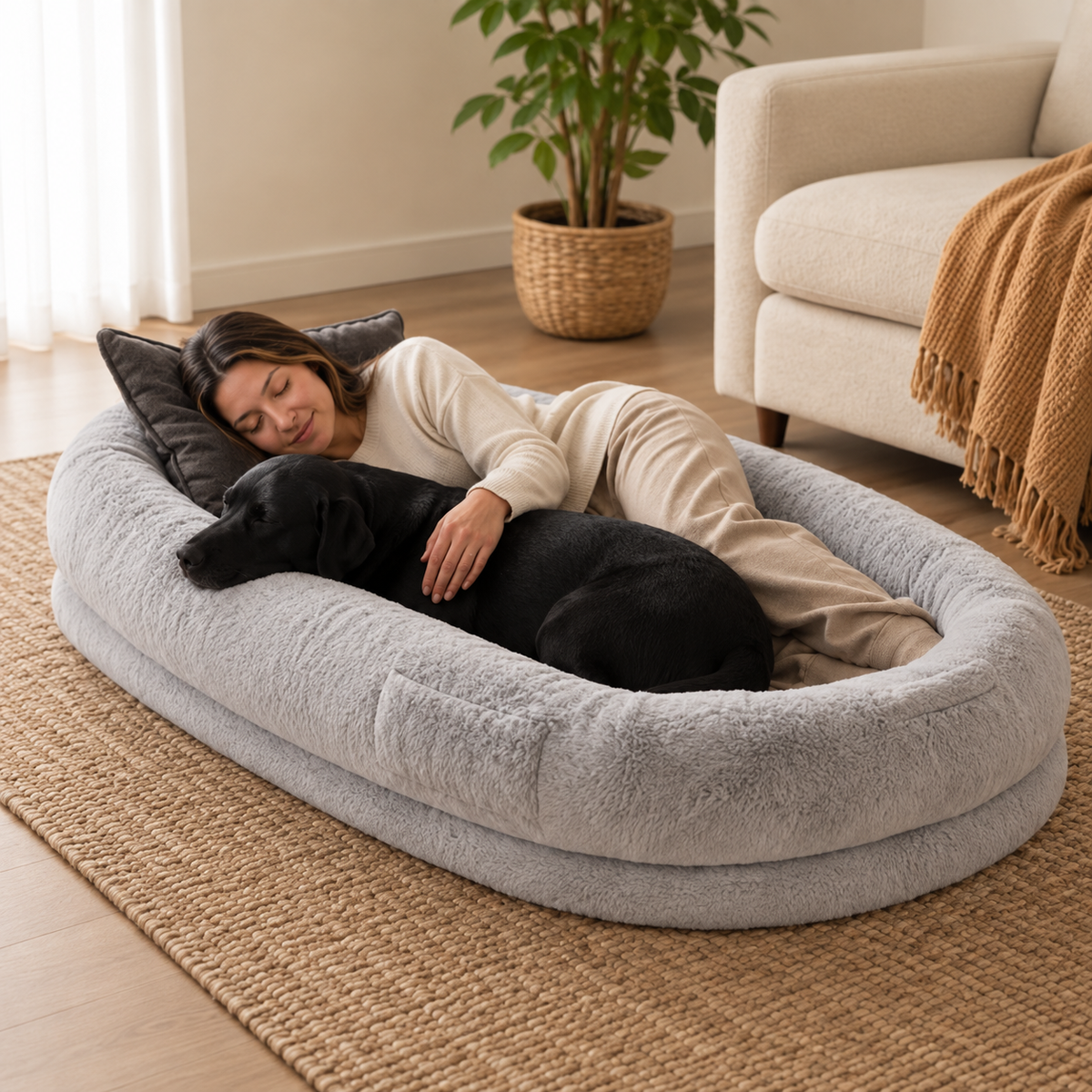 A woman in cream pajamas rests inside a large oval plush pet bed with a black dog sleeping on it, set on a woven rug in a bright living room.