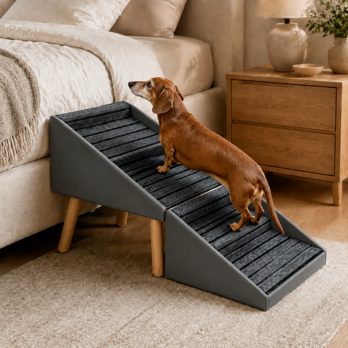 A brown dachshund stands on a dark gray pet ramp with light wood legs in a bedroom setting next to a bed and wooden nightstand.