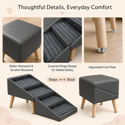 A pet ramp and matching stool shown in a composite marketing graphic with feature callouts: water-resistant and scratch-resistant upholstery, covered hinge design for added safety, adjustable foot pads, and steps leading to a stool. The product is shown on a light beige background with small paw-print icons.