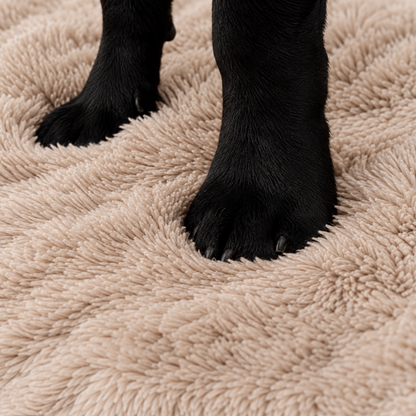 Close-up of a black dog's paws standing on a thick, shaggy beige bed