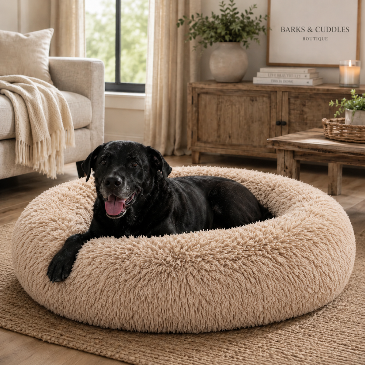 A black dog lies inside a round, fluffy beige pet bed on a woven rug in a cozy living room. The background includes a sofa, cabinet, and framed wall art reading 'BARKS & CUDDLES ANTIQUE'.