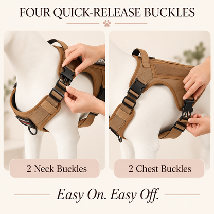 A dog harness shown on a white mannequin torso in a split-panel layout, with human hands demonstrating how to release the quick-release buckles. Text at the top reads 'FOUR QUICK-RELEASE BUCKLES' and the bottom panels label '2 Neck Buckles' and '2 Chest Buckles,' with 'Easy On.