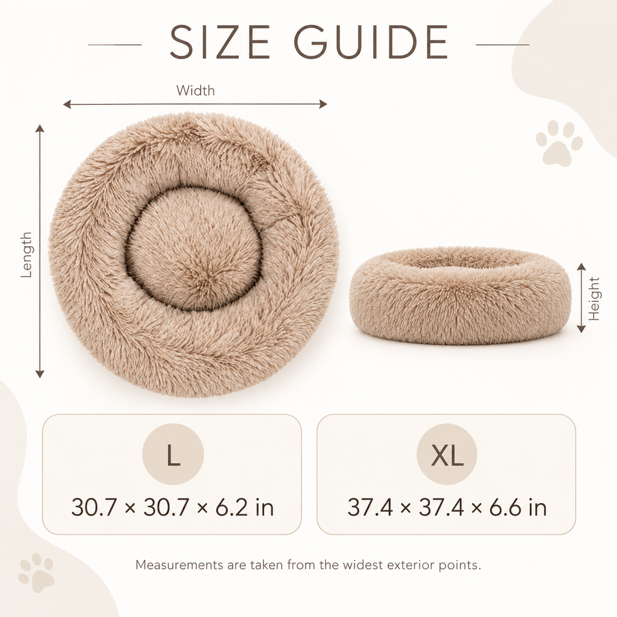 Size guide chart showing two fluffy round pet beds in beige, labeled with dimensions for width, length, and height, plus size boxes for L and XL on a light cream background.