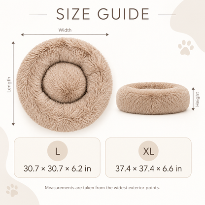 Size guide chart showing two fluffy round pet beds in beige, labeled with dimensions for width, length, and height, plus size boxes for L and XL on a light cream background.