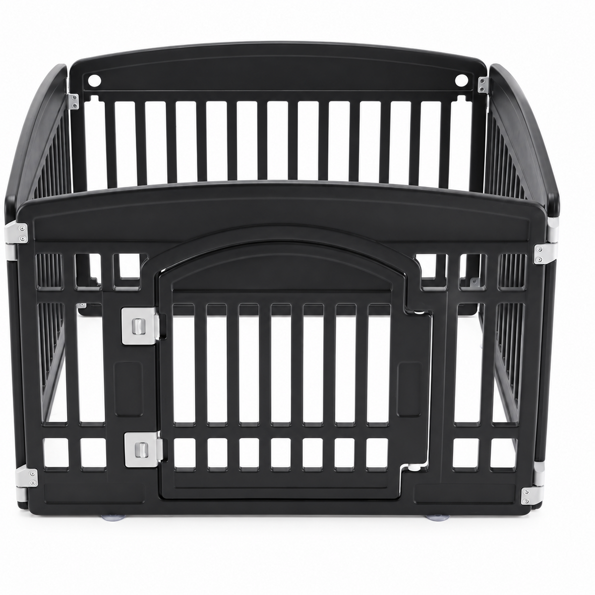 Black four-panel puppy playpen with a front access gate on a white background.