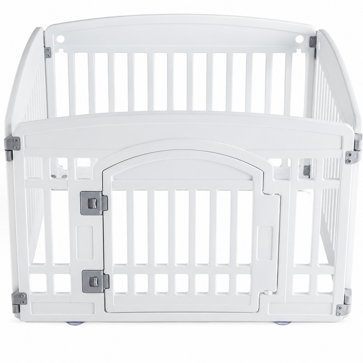 White four-panel puppy playpen with a front access gate on a white background.