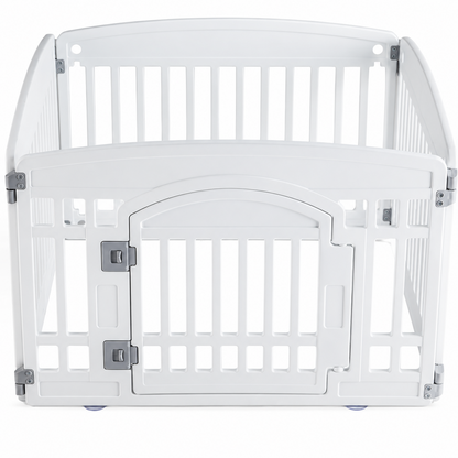 White four-panel puppy playpen with a front access gate on a white background.