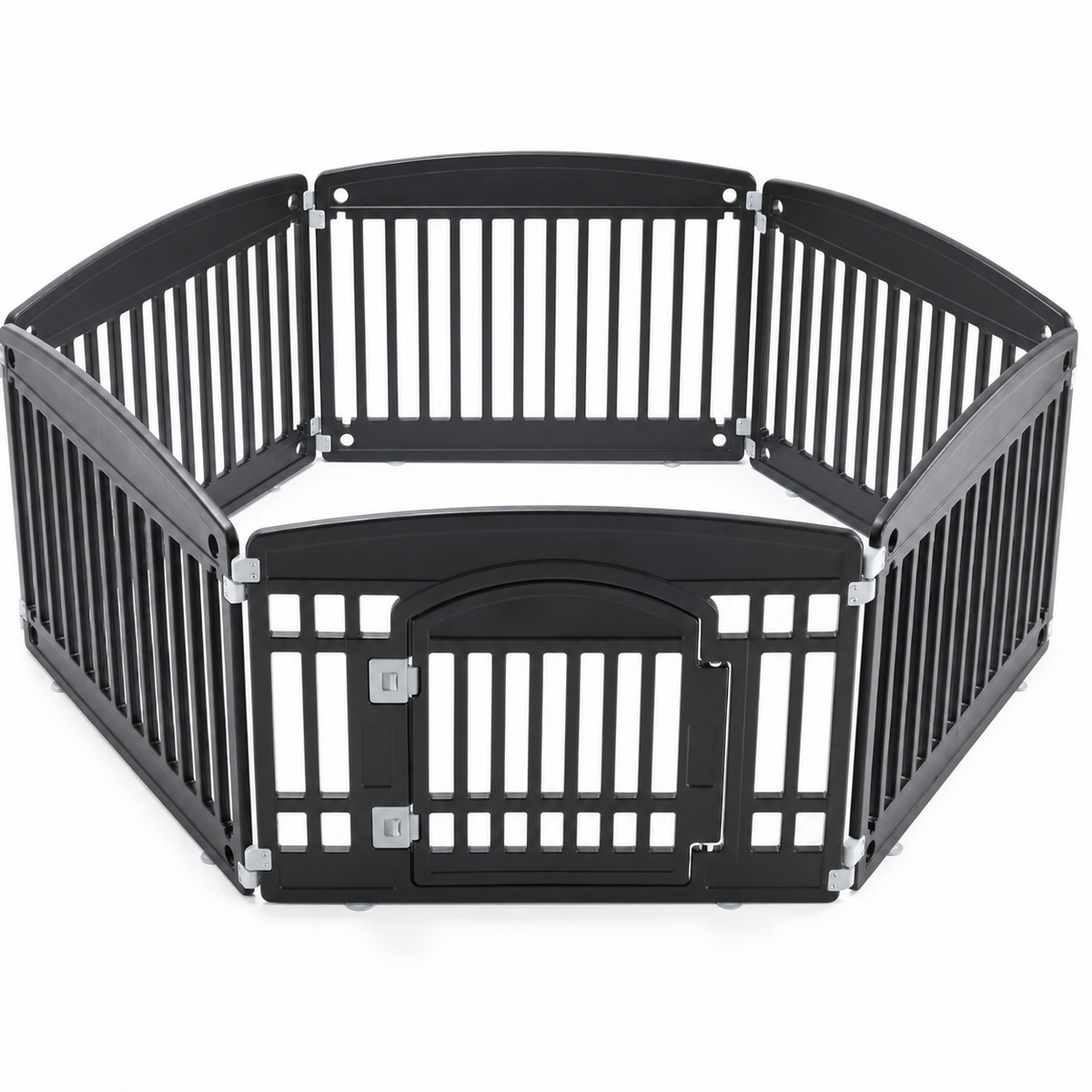 Black six-panel foldable puppy playpen with a secure front gate on a white background.