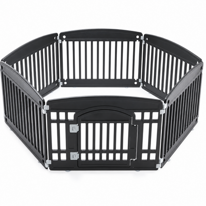 Black six-panel foldable puppy playpen with a secure front gate on a white background.