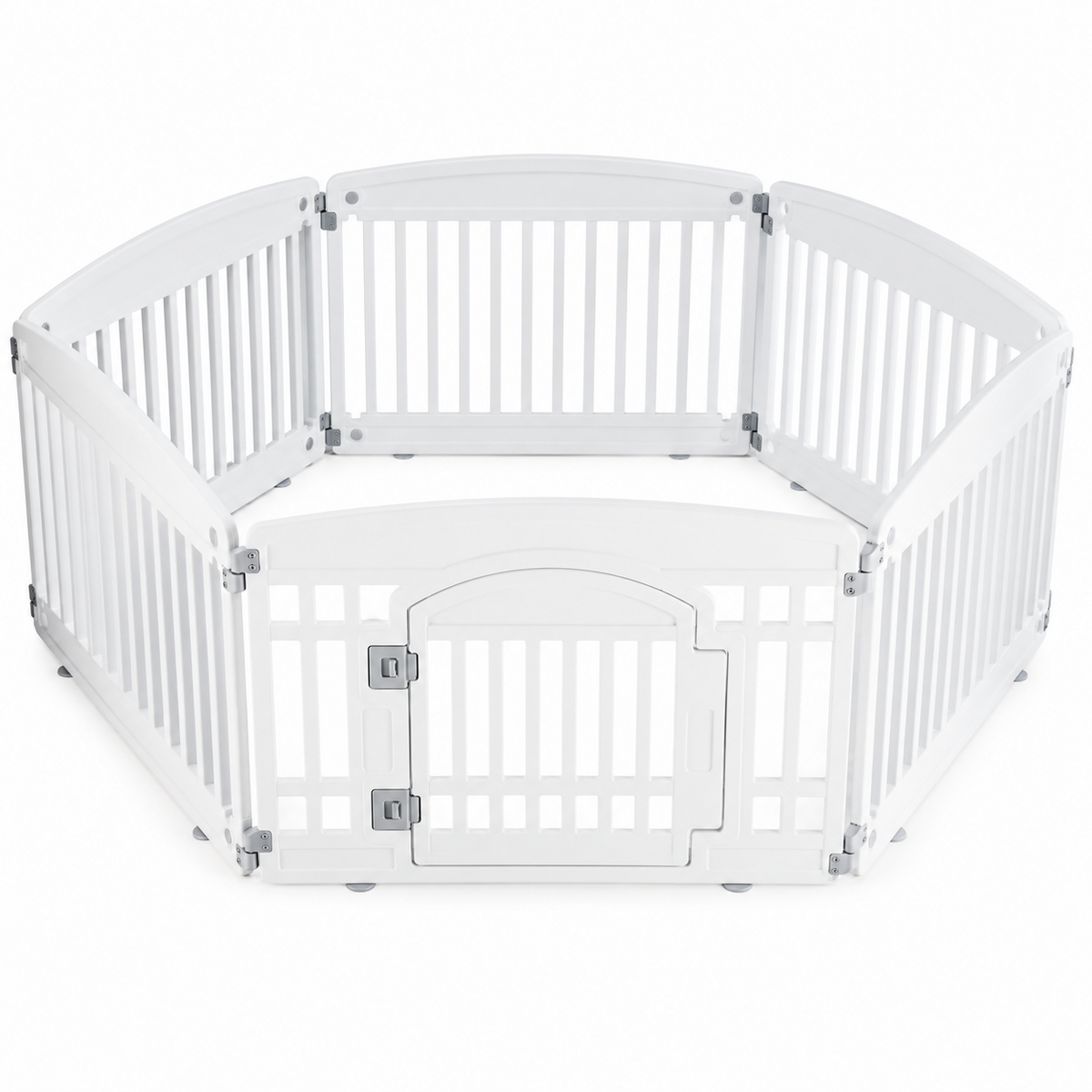 White six-panel foldable puppy playpen with a secure front gate on a white background.