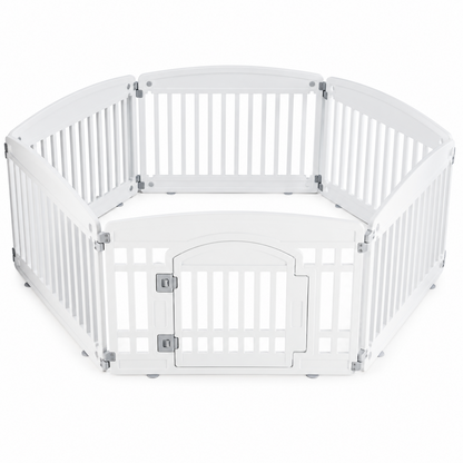 White six-panel foldable puppy playpen with a secure front gate on a white background.