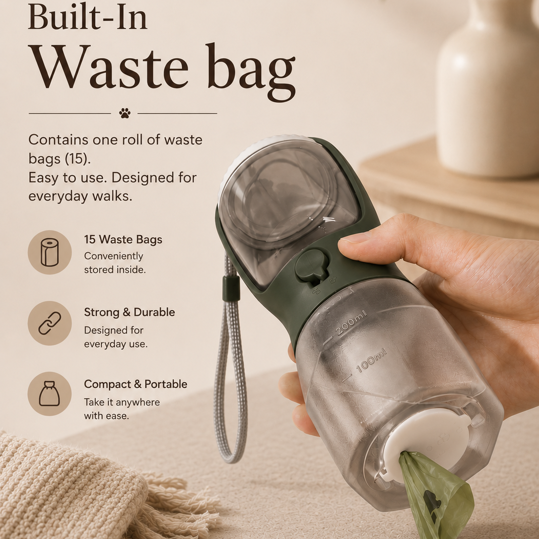 PupVoyage™ 3-in-1 Portable Dog Water Bottle with Food & Waste Bag Storage