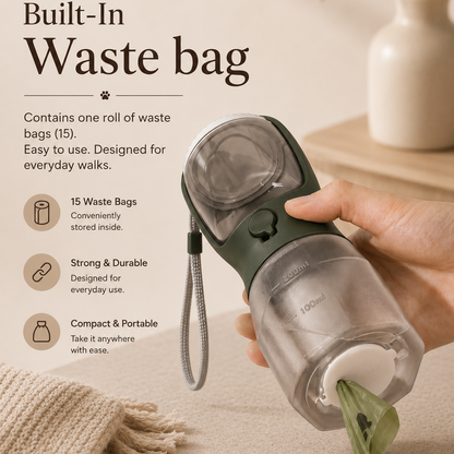 PupVoyage™ 3-in-1 Portable Dog Water Bottle with Food & Waste Bag Storage