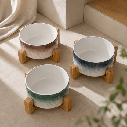 GlazePaw™ Ceramic Dog Bowl with Bamboo Stand