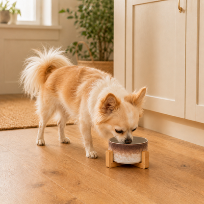 GlazePaw™ Ceramic Dog Bowl with Bamboo Stand