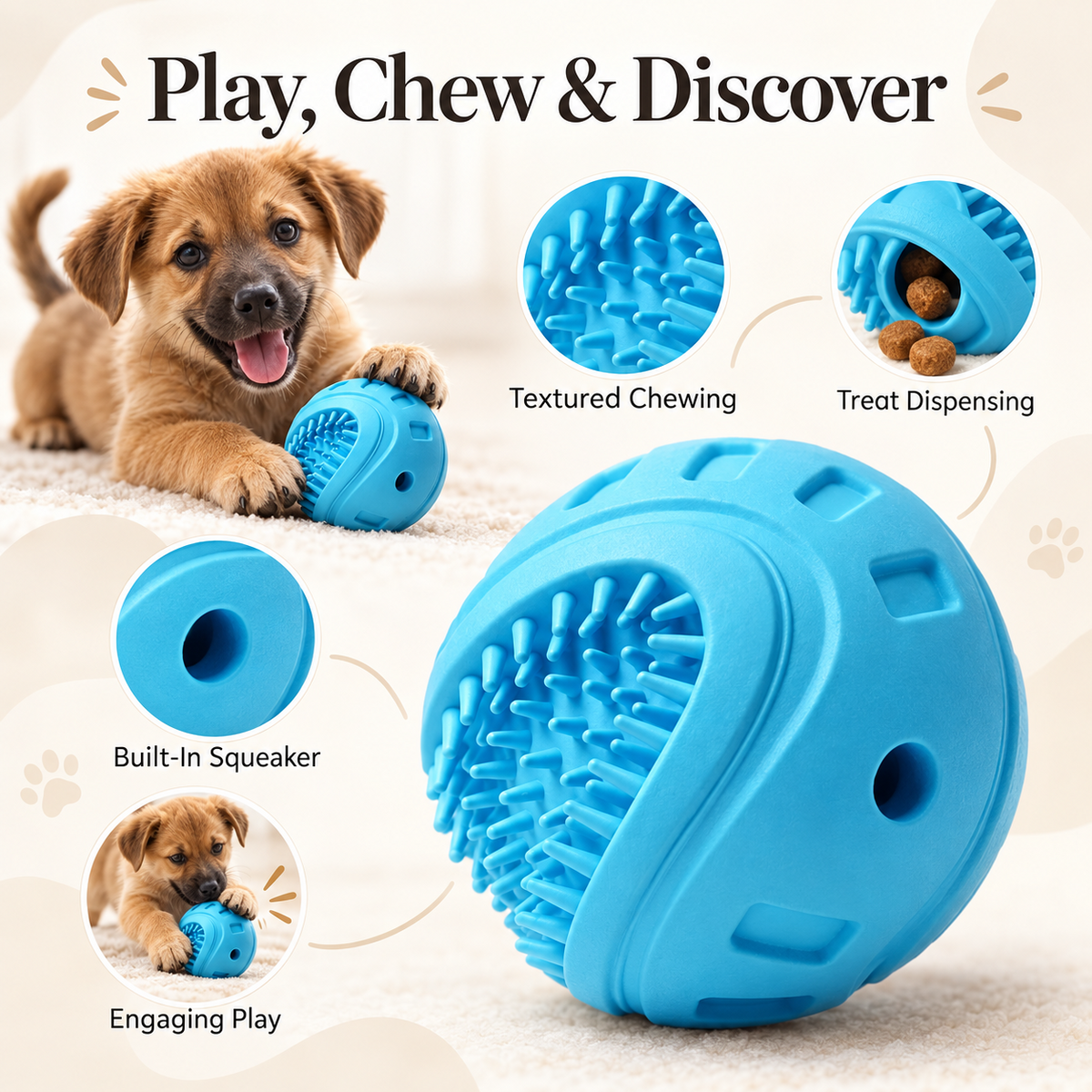 Blue textured interactive chew dog toy shown with a puppy in a home setting, plus inset callouts highlighting textured chewing, treat dispensing, built-in squeaker, and engaging play features.