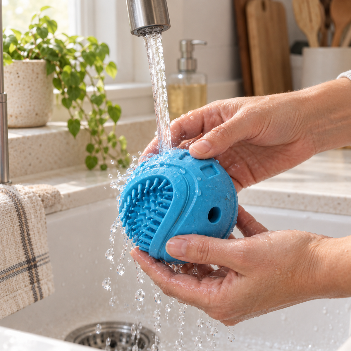 A person's hands holding and rinsing a blue rubber interactive dog toy under a running faucet in a kitchen sink.