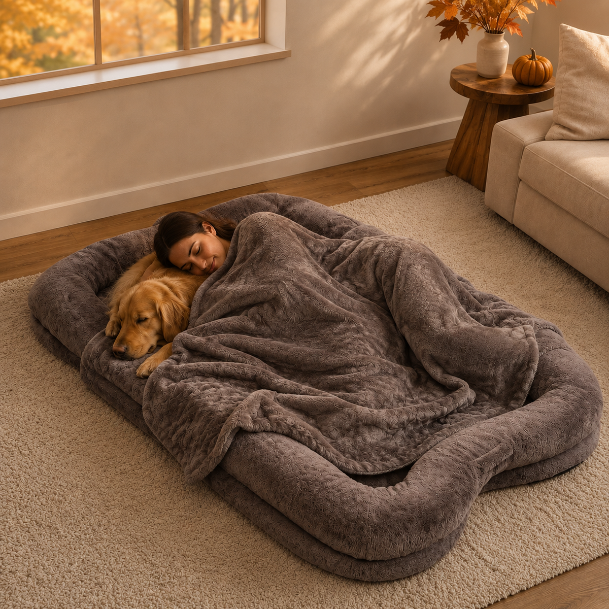 A cozy brown plush pet bed on a beige carpet in a living room, with a woman and a golden retriever dog sleeping underneath a matching gray blanket.