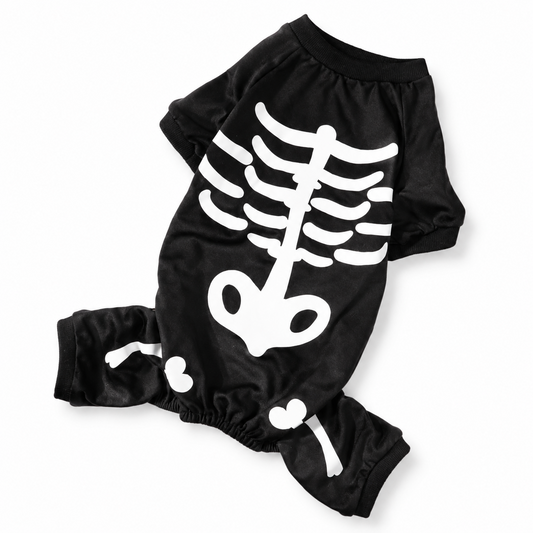 Black skeleton dog costume jumpsuit on white background