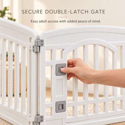 Close-up of the secure double-latch gate on the white puppy playpen.