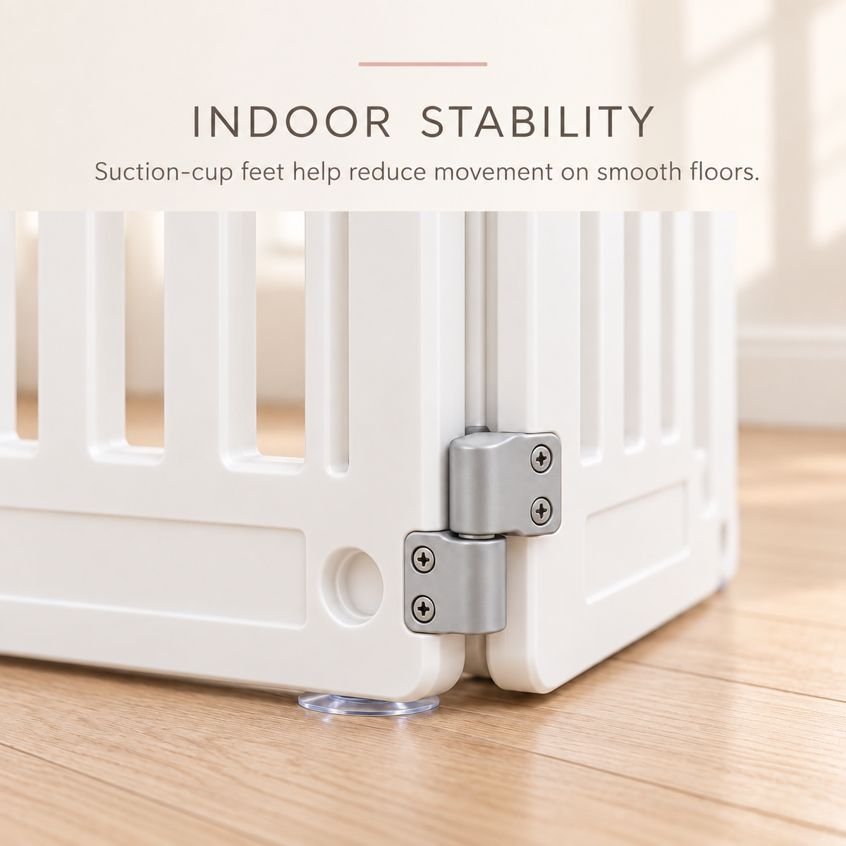 Close-up of the white puppy playpen’s stable corner connectors and non-slip feet.