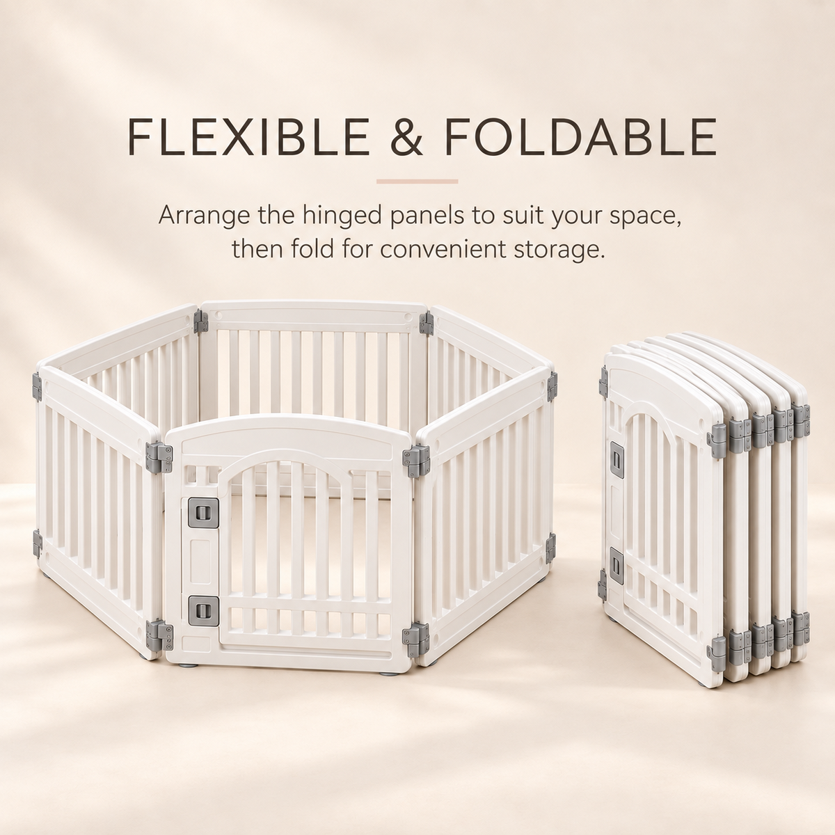 White flexible and foldable puppy playpen shown in open and compact configurations.