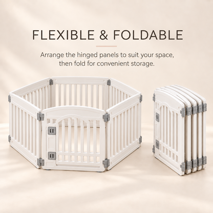 White flexible and foldable puppy playpen shown in open and compact configurations.