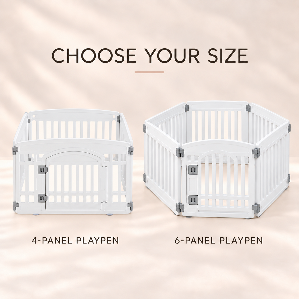 White puppy playpen size comparison showing four-panel and six-panel options.