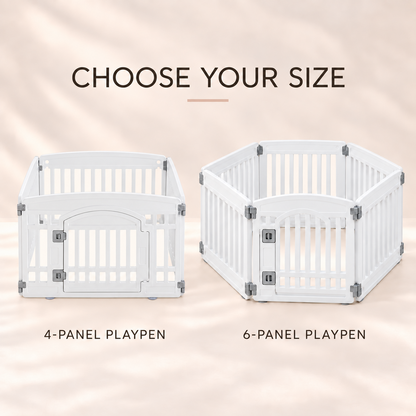 White puppy playpen size comparison showing four-panel and six-panel options.