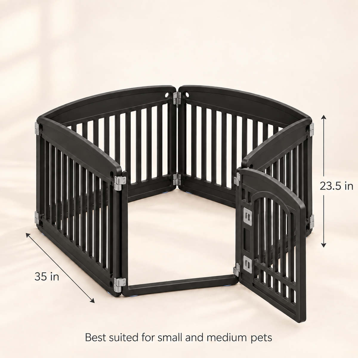 Black foldable pet playpen arranged in an extended layout with panel measurements shown.