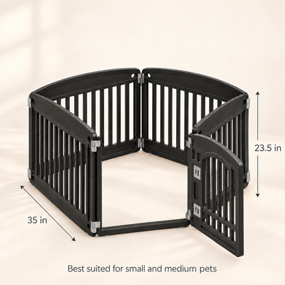 Black foldable pet playpen arranged in an extended layout with panel measurements shown.