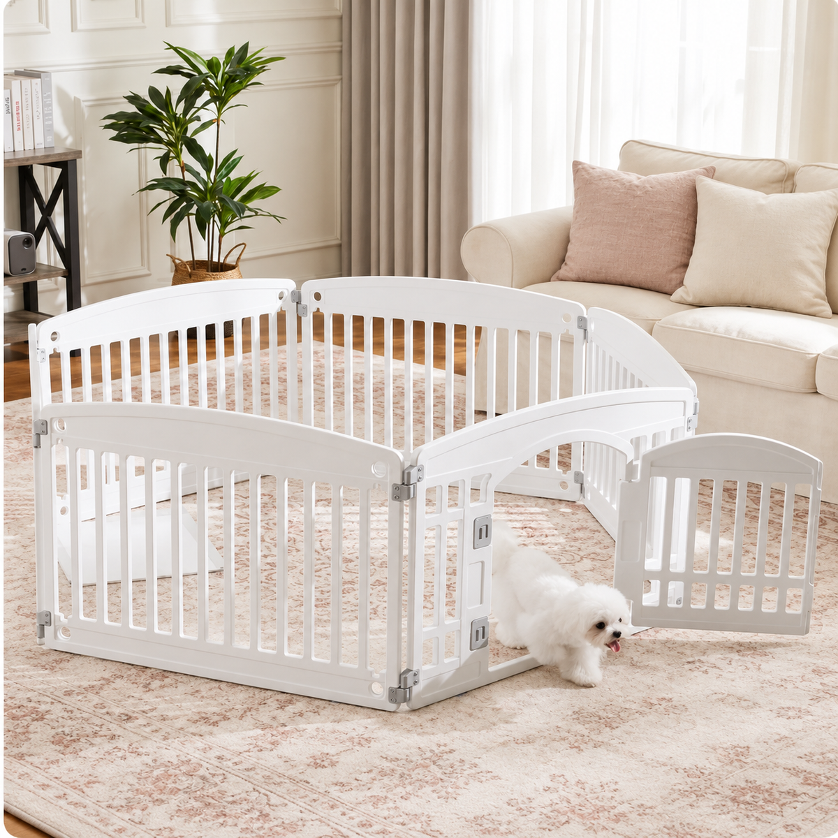 Small puppy resting inside a white indoor playpen in a cozy neutral living room.