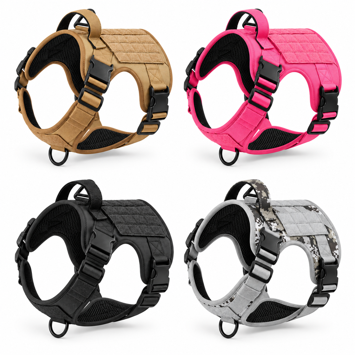 Four tactical dog harnesses arranged in a 2x2 grid on a white background, showing color options: tan, bright pink, black, and gray camouflage.