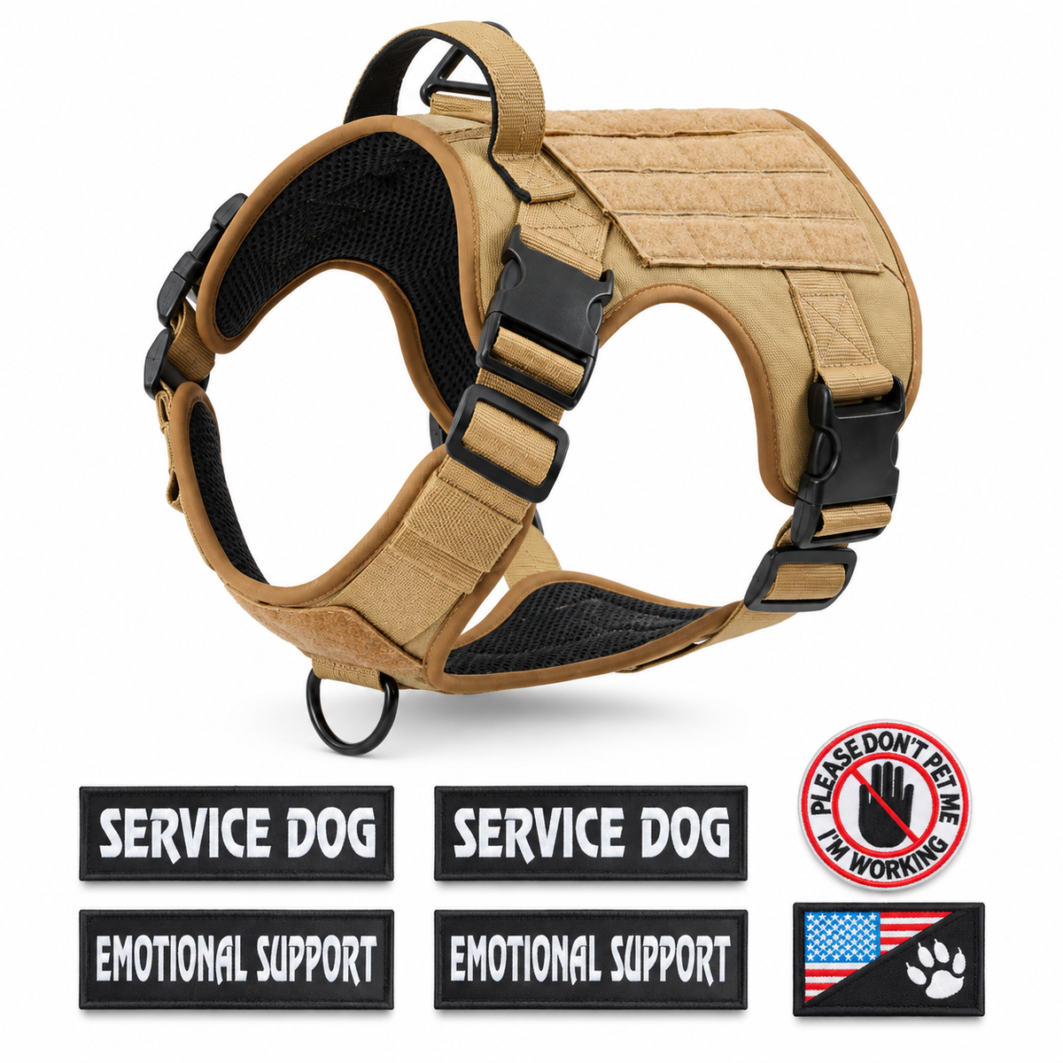 A tan tactical dog harness with black mesh padding and black plastic buckles, shown on a white background with six  patches that include with the order below it.